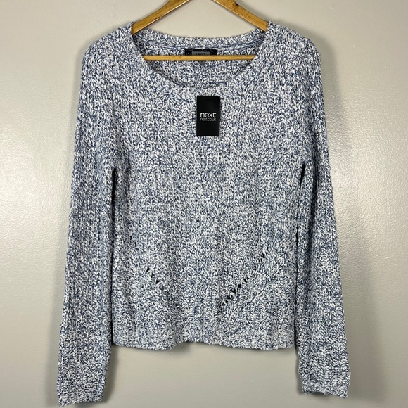 next blue and white crew neck sweater with flattering front cutouts EUC like new - Picture 1 of 15